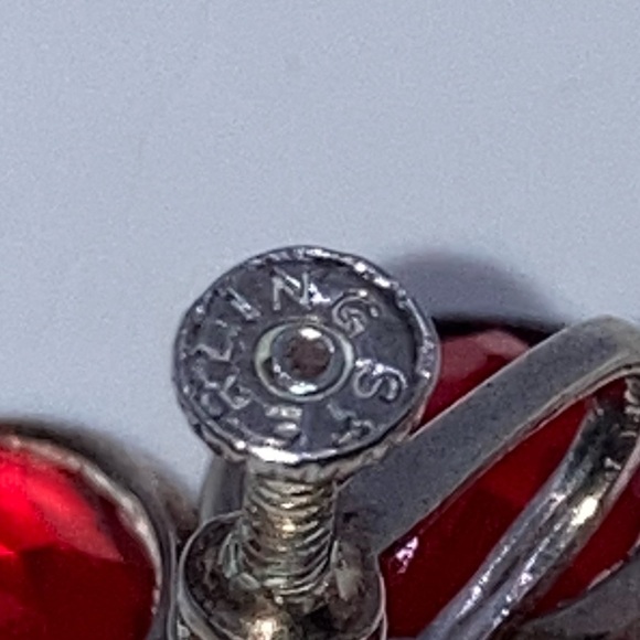 Vtg Sterling & Red Crystal Flower Stament Earrings Screw Back Clip On 1.1” - Picture 6 of 6